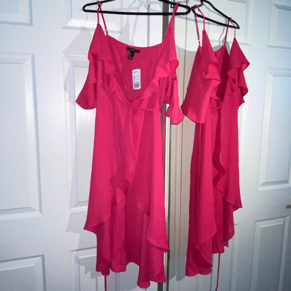 Brand New w/tags fuchsia off the shoulder wrap dress. Size Small